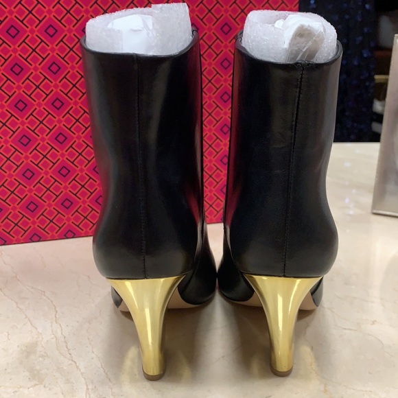 TORY BURCH LILA BLACK CALF LEATHER ANKLE BOOTIE WITH A GOLD SLANTED BLOCK HEEL - Picture 9 of 11